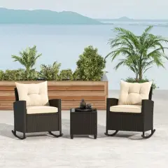 Tangkula 3 Piece Outdoor Rocking Set Rattan Rocking Chair Set w/ Tempered Glass Table Seat