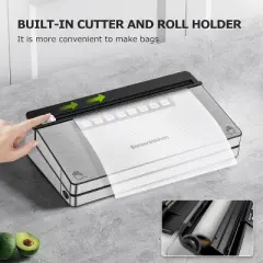 Bonsenkitchen Stainless Steel Vacuum Sealer Machine,  8-in-1 Vacuum Food Sealer with 6 Food Vacuum Modes, Built-in Cutter and Bag Storage