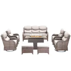 Gymojoy 8 Pieces Outdoor 6 Inch Sofa Swivel Chair Ottoman with Fire Pit Table