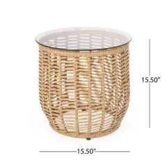 Kumasinova 15.5" Chic Woven Rattan Outdoor End Table with Tempered Glass Table Top,Handcrafted Patio Side Table,Weather-Resistant,Decor Item,Natural