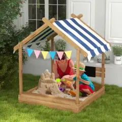 Dexmalle Wooden Sandbox with Canopy House Design for 3-7 Years Old