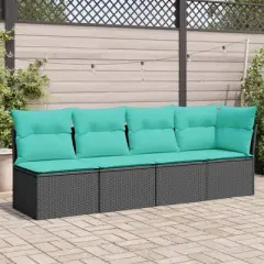 vidaXL Patio Sofa with Cushions - 4-Seater Outdoor Furniture Black Poly Rattan - Modular Design with Washable Covers