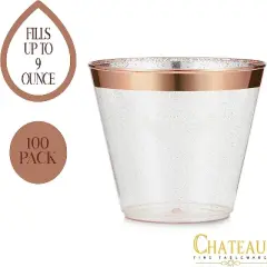 Chateau Glasses 100 Rose Gold Cups 9Oz - Rose Gold Glitter With A Rose Gold Rim - Premium Disposable Party Cups
