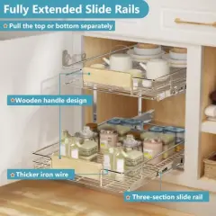 LOVMOR 2 Tier Pull Out Cabinet Organizer 16&frac12;" W x 21&frac12;" D, Slide Out Drawers with Wooden Handle, Sliding Shelves Organization