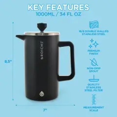 GROSCHE DUBLIN Stainless Steel Double Wall Insulated French Press, 34 fl oz. Capacity