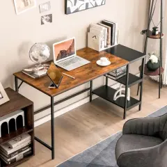Costway 55'' Computer Desk Writing Workstation Study Table Home Office with Bookshelf Black/Rustic