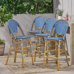 Kinner 4pk Outdoor Aluminum French Bar Stools - Dark Teal/White/Bamboo - Christopher Knight Home