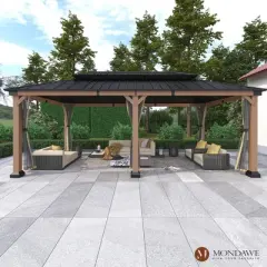 Mondawe 12x20Ft. Outdoor Solid Wood Frame Patio Gazebo Galvanized Steel Hardtop with Netting