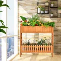 Tangkula Outdoor 2-Tier Wood Planter Raised Garden Bed Elevated Planter Box Kit w/Liner & Shelf for Backyard Patio