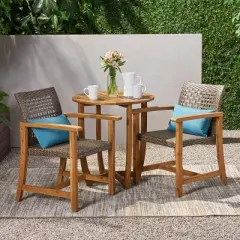 GDFStudio Lepage Outdoor Acacia Wood and Wicker 3 Piece Bistro Set, Teak/Mixed Mocha