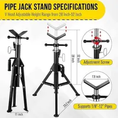 V-Head Pipe Jack Stand, 2500LB Load Capacity with Folding Legs, 28"-52" Adjustable Height ，for Welding, Pipe Threading, Red