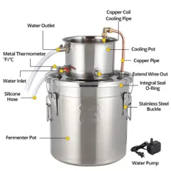 Alcohol Still, Home Commercial Style Brewing Kit, Double Cooled Alcohol Still, With Circulation Pump, Copper Tubing, Dual Display Thermometer