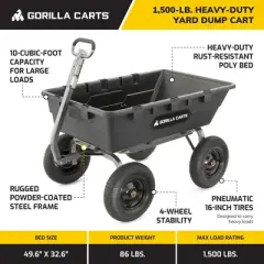 Gorilla Carts 1500 Pound Capacity Super Heavy Duty Poly Yard Garden Steel Dump Utility Wheelbarrow Wagon Cart with 2 in 1 Towing ATV Handle, Black