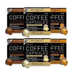 Bestpresso Variety Pack - 120 Genuine Espresso Pods with Caramel, Vanilla & Chocolate Flavors. Compatible with Nespresso Original Machines.