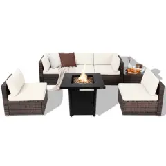 Costway 7 PCS Patio Furniture Set with 28" 50000 BTU Propane Gas Fire Pit Table Cushions Red/Turquoise/Off White