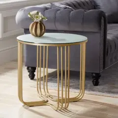 Studio 55D Luxury Bronze Metal Round Accent Side End Table 24" Wide Gold Marbleized Glass Tabletop Living Room Bedroom Entryway