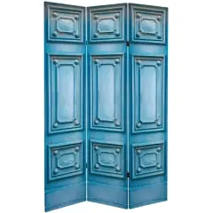 Oriental Furniture 6" Double Sided Fancy Door Panel Canvas Room Divider Blue: Adjustable 3-Panel Folding Partition