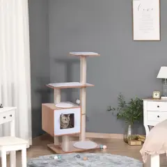 PawHut 47&rdquo; Modern Cat Tree Multi-Level Scratching Post With Cube Cave Enclosure - Oak Wood