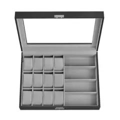Ink Black Lockable 16-Slot Watch Box with Glass Lid - Made of Synthetic Leather, Dove Gray Lining, Ideal Gift Idea for Watch Storage