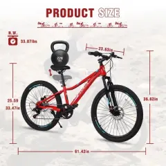 INFURNIC Bicycles Mountain Bike for Girls and Boys 24 Inch Shimano 6 Speed Suspension Fork Disc Brakes, Red, 61.42"*23.63"*36.62"