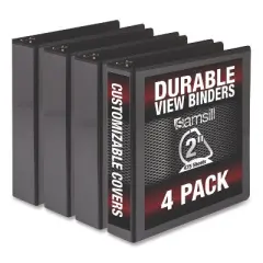 Samsill Durable D-Ring View Binders, 3 Rings, 2" Capacity, 11.5" x 8.5", Black, 4/Pack