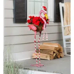 Evergreen 39"H Metal Winter Flamingo Planter w/Santa Hat