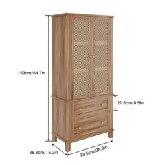 Kitchen Pantry Storage Cabinet, Tall Cupboard Cabinet with Rattan Doors and 2 Drawers Adjustable Shelves Utility