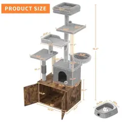 All-in-One Cat Tree w/Litter Box Enclosure - Modern Cat Tower w/Scratching Posts, Hammock, Condo & Hidden Storage