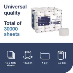 Tork OptiServe High-Capacity Coreless Toilet Paper, 2-Ply, White, 1,500 Sheets/Roll, 18 Rolls/Carton