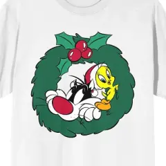 Looney Tunes Sylvetster And Tweety Christmas Wreath Crew Neck Short Sleeve Women's White T-shirt