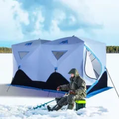 Outsunny 8 Person Ice Fishing Shelter, Waterproof Oxford Fabric Portable Pop-up Ice Tent with 4 Doors for Outdoor Fishing, Blue