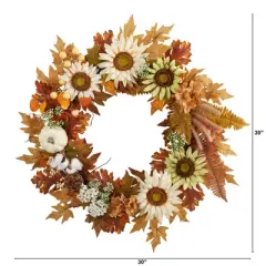 Nearly Natural 30&rdquo; Autumn Sunflower, White Pumpkin and Berries Artificial Fall Wreath
