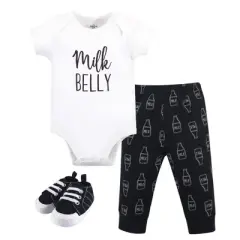 Little Treasure Baby Boy Cotton Bodysuit, Pant and Shoe 3pc Set, Milk Belly