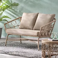 GDFStudio Colmar Outdoor Wicker Loveseat with Cushions, Light Brown/Beige