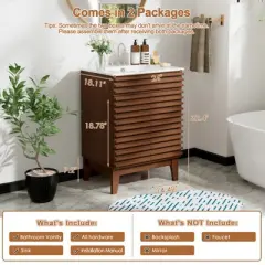 ROOMTEC 24 in. Bathroom Vanity with Ceramic Sink, Mid-Century Cabinet with 2 Soft-Close Doors, Freestanding, Wood Grain Laminate, Walnut