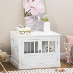 PawHut Dog Crate End Table with Triple Doors, Wooden Dog Crate Furniture Indoor Use, Puppy Crate with and Steel Tubes, for Small Dogs
