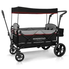 WONDERFOLD X2 Push & Pull Double Stroller Wagon with 5 Point Harnesses, Adjustable Push Handle, Telescopic Handle, and Removable UV-Protection Canopy