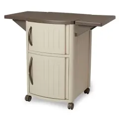 Suncast DCP2000 Portable Outdoor Resin Patio Grilling Entertainment Serving Prep Station Table with Cabinet Storage and Drop Leaf Extensions, Beige