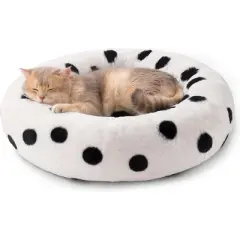 Boersma Donut Cat Bed &ndash; Plush Round Washable Pet Bed with Non-Slip Bottom for Indoor Cats, Kittens, Puppies & Small Dogs, Black Dot