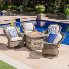 Christopher Knight Home Alhambra Outdoor Wicker 5 Piece Swivel Club Chair and Fire Pit Set