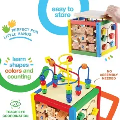 Wooden Activity Cube with Bead Maze, Shape Sorter, Abacus Counting Beads, Counting Numbers, Sliding Shapes - 5  in 1 - Play22Usa