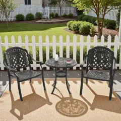 3-Piece Cast Aluminum Outdoor Dining Set: Round Table, Stackable Chairs & Red Cushions - All-Weather Patio Furniture for Your Backyard