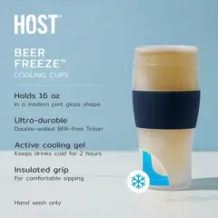 Host FREEZE Beer Glasses, Frozen Beer Mugs, Freezable Pint Glass Set, Insulated Beer Glass, Double Walled Glasses, 16oz, Set of 2, Varsity Blue