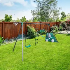 YUHAO Children Four Function Swingset with Face to Face Metal Plastic Safe Swing Seat 550lbs, Outdoor Toys，Age 3+ , Blackish Green