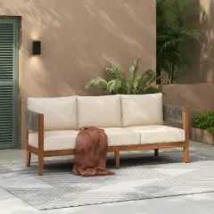 Christopher Knight Home Robin 76" Patio Rustic Rope Weave Acacia Wood 3-Seater Sofa with Cushions