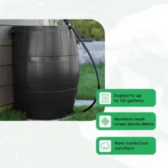 FCMP Outdoor RC4000 50 Gallon Heavy Duty Outdoor Home Rain Water Catcher Barrel Container Bin with Spigots and Mesh Screen
