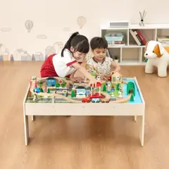 VEVOR Train Table, 84 Pieces Wooden Kids Activity Table with Collapsible Storage Bin, 3-in-1 Wooden Train Set  for Kids Ages 3+, Multicolor