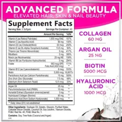 Hair, Skin & Nails Vitamins Women, Biotin 5000mcg to Support Hair Growth with Argan Oil, Collagen & Hyaluronic Acid - 120 Softgels By Hello Lovely!