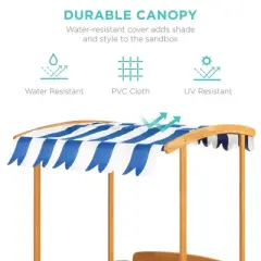 Best Choice Products Kids Wooden Cabana Sandbox w/ Bench Seats, UV-Resistant Canopy, Sandpit Cover, 2 Buckets - Natural