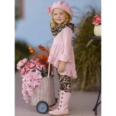 Girls Pretty Pink Tunic, Leopard Legging & Scarf Set - Mia Belle Girls